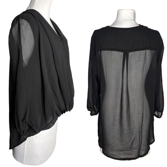 Sheer Black‎ Blouse L Office Siren Whimsigoth Fairy Goth Witchy Long Sleeve NWT - Picture 2 of 7
